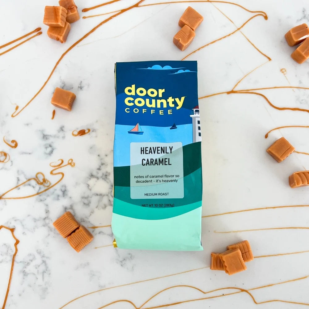 Door County Coffee Heavenly Caramel DECAF, Caramel Flavored Specialty Coffee, Caramel Flavored Coffee, Decaf, Medium Roast, Ground, 10Oz Bag