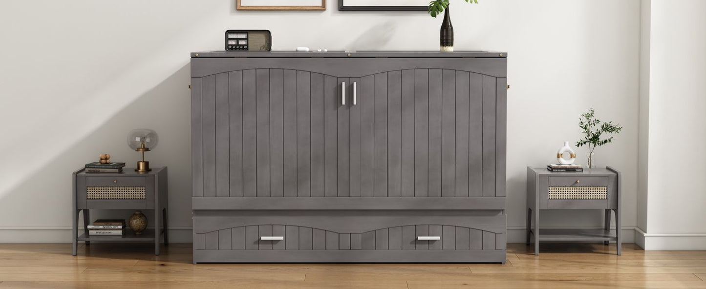 Queen Size Murphy Bed with Built-In Charging Station, Antique Grey
