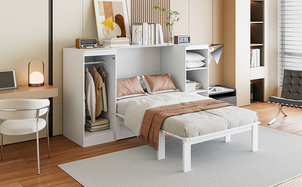 Twin Size Murphy Bed with Bedside Shelves and Wardrobe, White