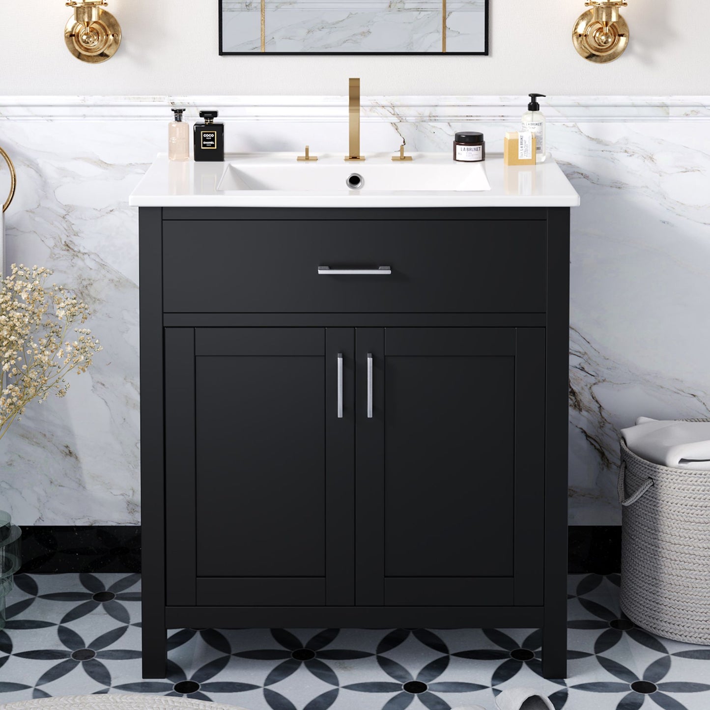 30-Inch Bathroom Vanity with Ceramic Sink and Ample Storage, Black