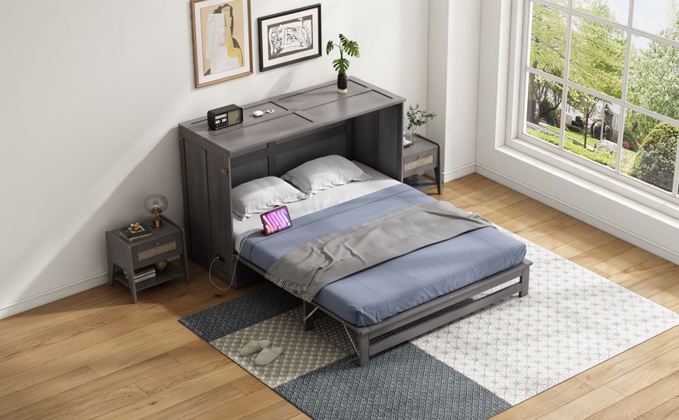 Queen Size Murphy Bed with Built-In Charging Station, Antique Grey