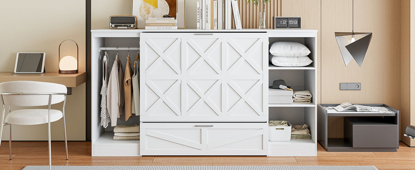 Twin Size Murphy Bed with Bedside Shelves and Wardrobe, White