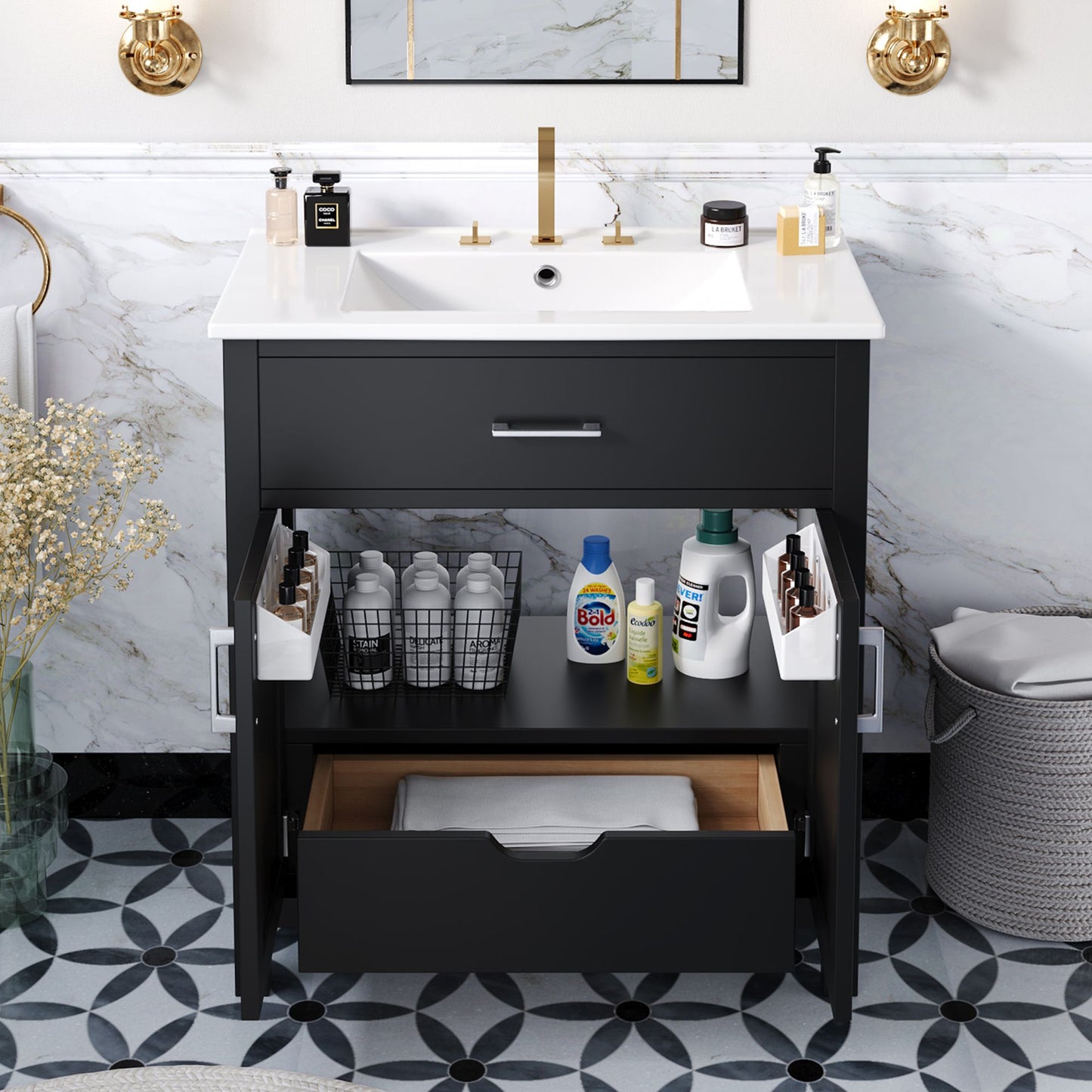30-Inch Bathroom Vanity with Ceramic Sink and Ample Storage, Black
