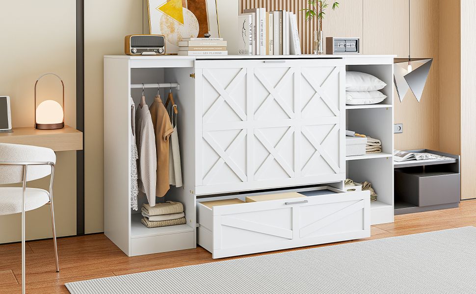 Twin Size Murphy Bed with Bedside Shelves and Wardrobe, White