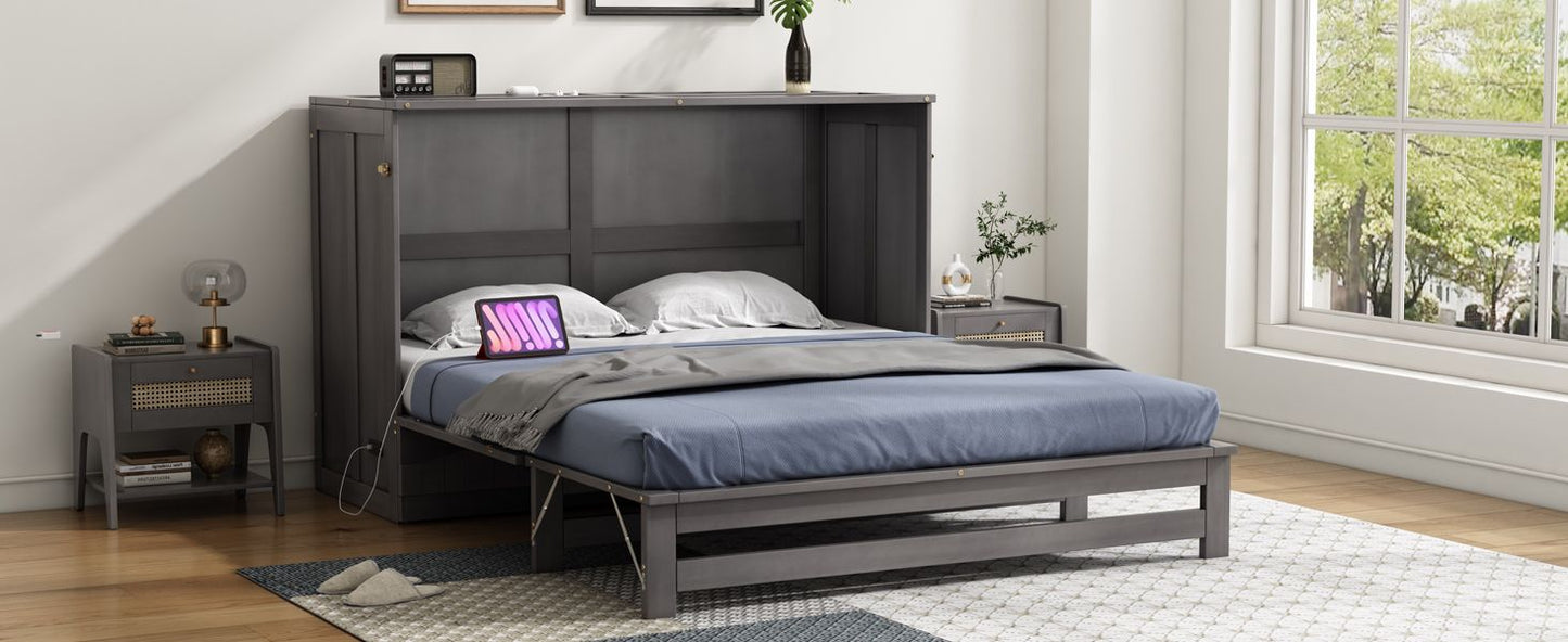Queen Size Murphy Bed with Built-In Charging Station, Antique Grey