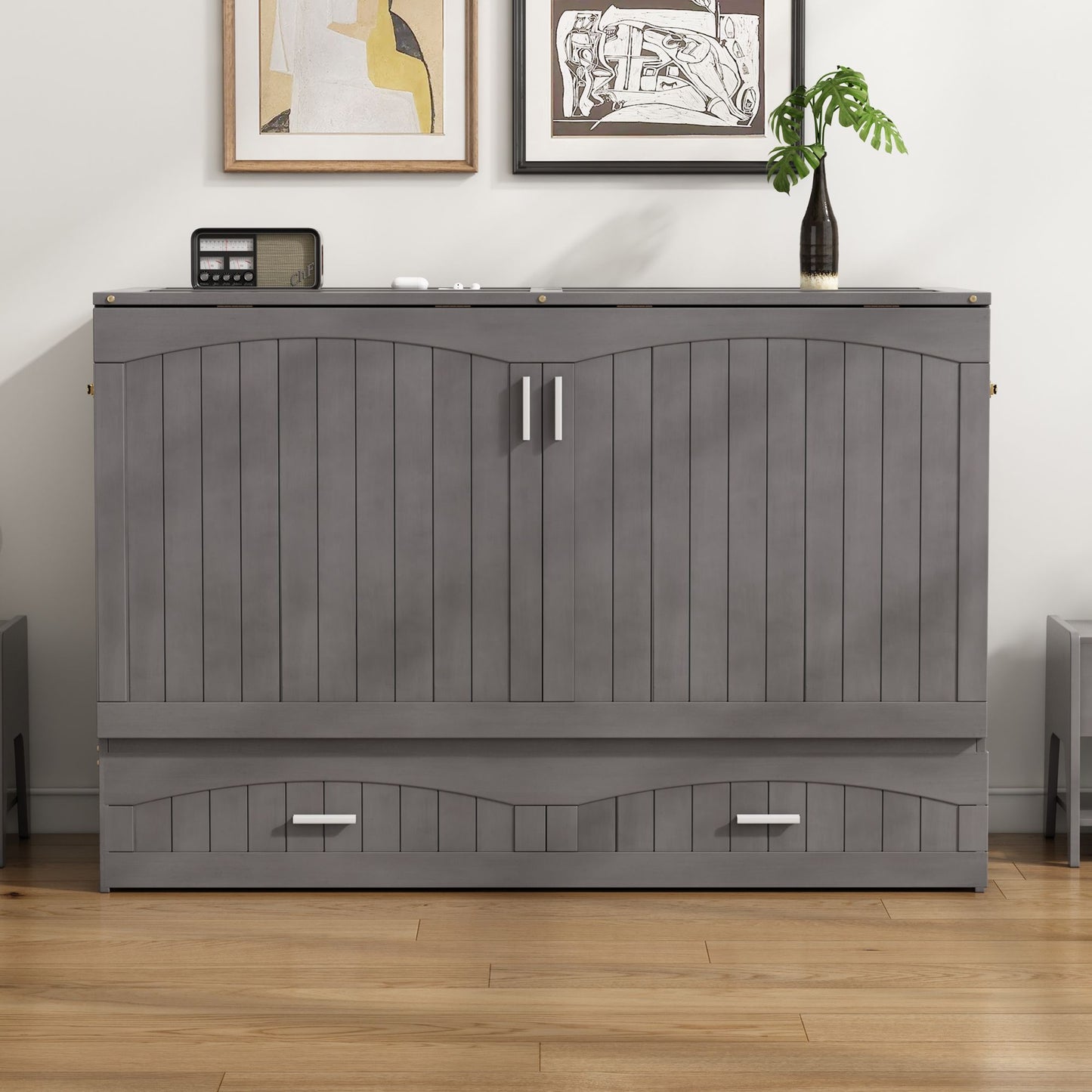Queen Size Murphy Bed with Built-In Charging Station, Antique Grey