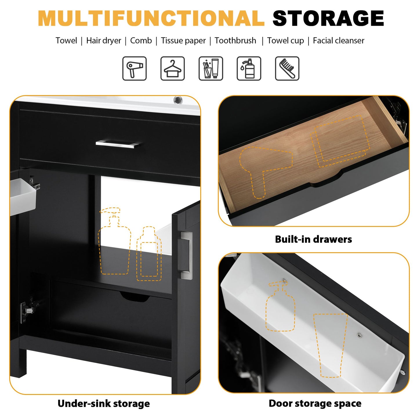 30-Inch Bathroom Vanity with Ceramic Sink and Ample Storage, Black