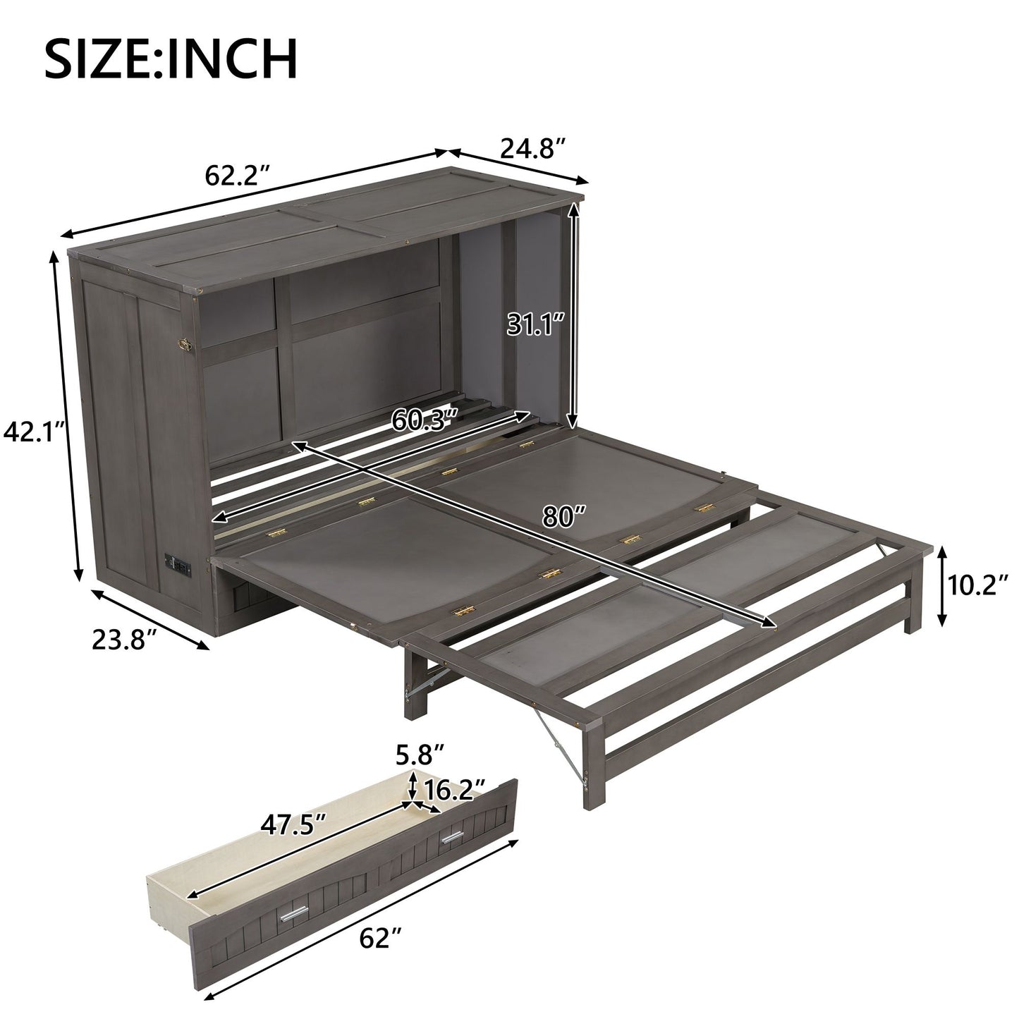 Queen Size Murphy Bed with Built-In Charging Station, Antique Grey