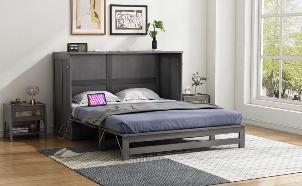 Queen Size Murphy Bed with Built-In Charging Station, Antique Grey