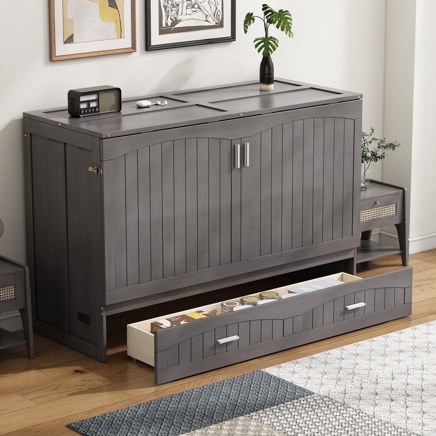 Queen Size Murphy Bed with Built-In Charging Station, Antique Grey