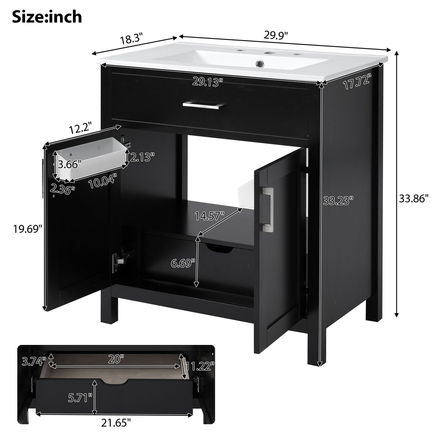 30-Inch Bathroom Vanity with Ceramic Sink and Ample Storage, Black