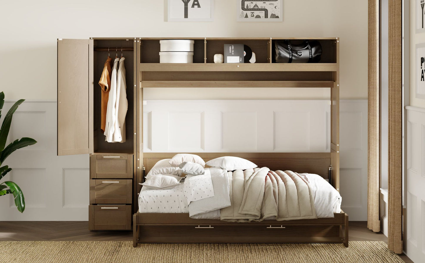 Full Size Murphy Bed with Wardrobe, Drawers and Open Shelves, Antique Wood