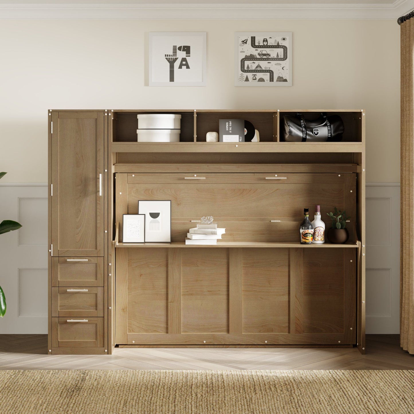 Full Size Murphy Bed with Wardrobe, Drawers and Open Shelves, Antique Wood