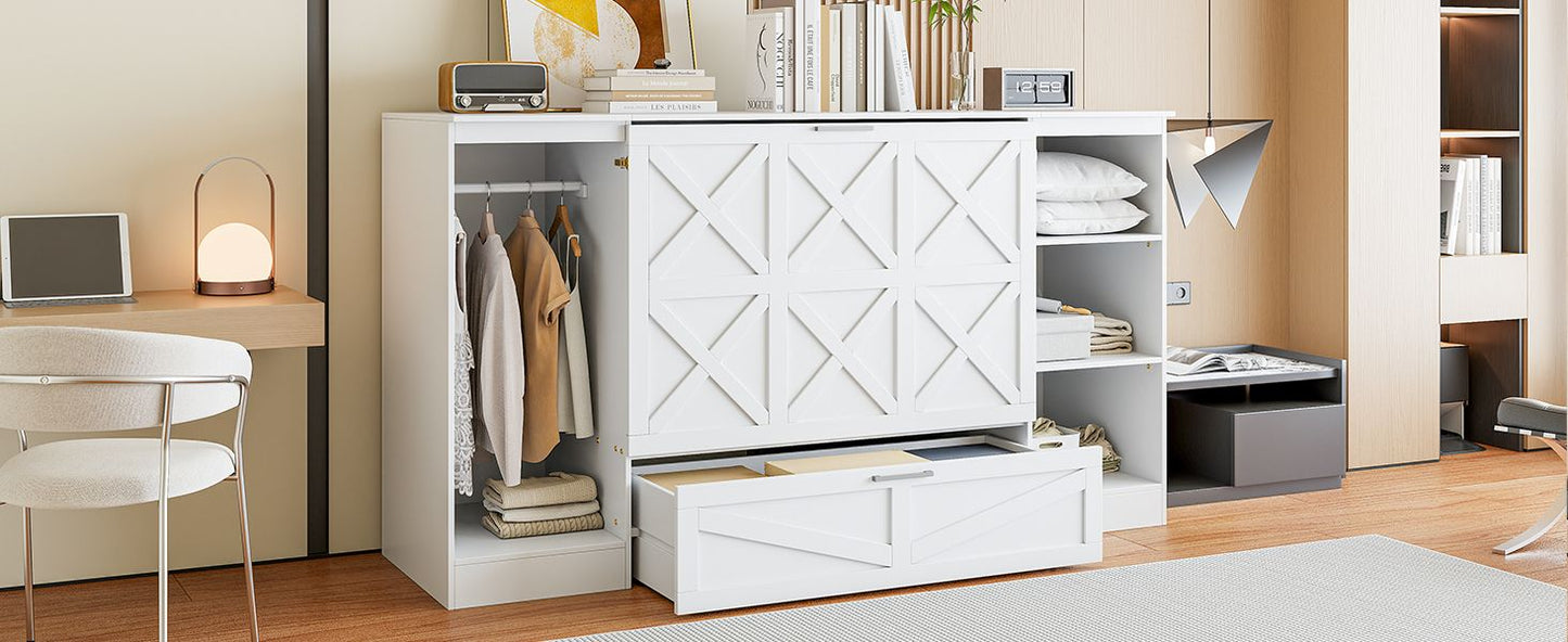 Twin Size Murphy Bed with Bedside Shelves and Wardrobe, White
