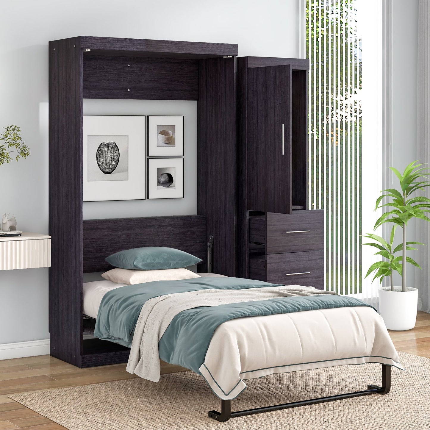 Twin Size Murphy Bed with Wardrobe and Drawers