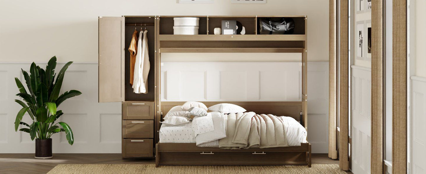 Full Size Murphy Bed with Wardrobe, Drawers and Open Shelves, Antique Wood