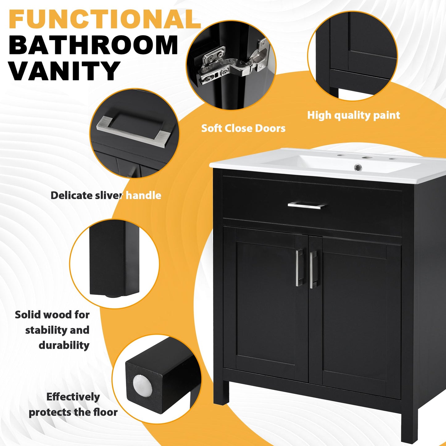 30-Inch Bathroom Vanity with Ceramic Sink and Ample Storage, Black