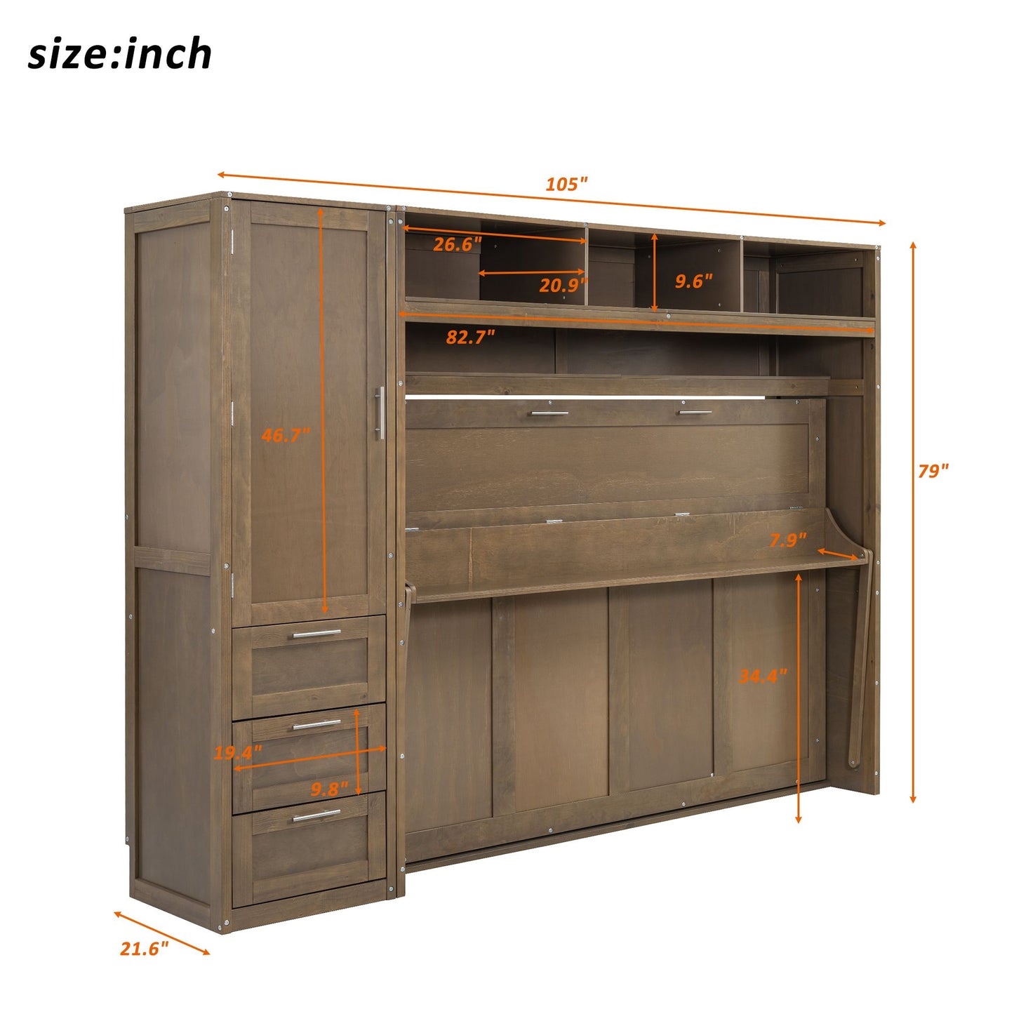 Full Size Murphy Bed with Wardrobe, Drawers and Open Shelves, Antique Wood