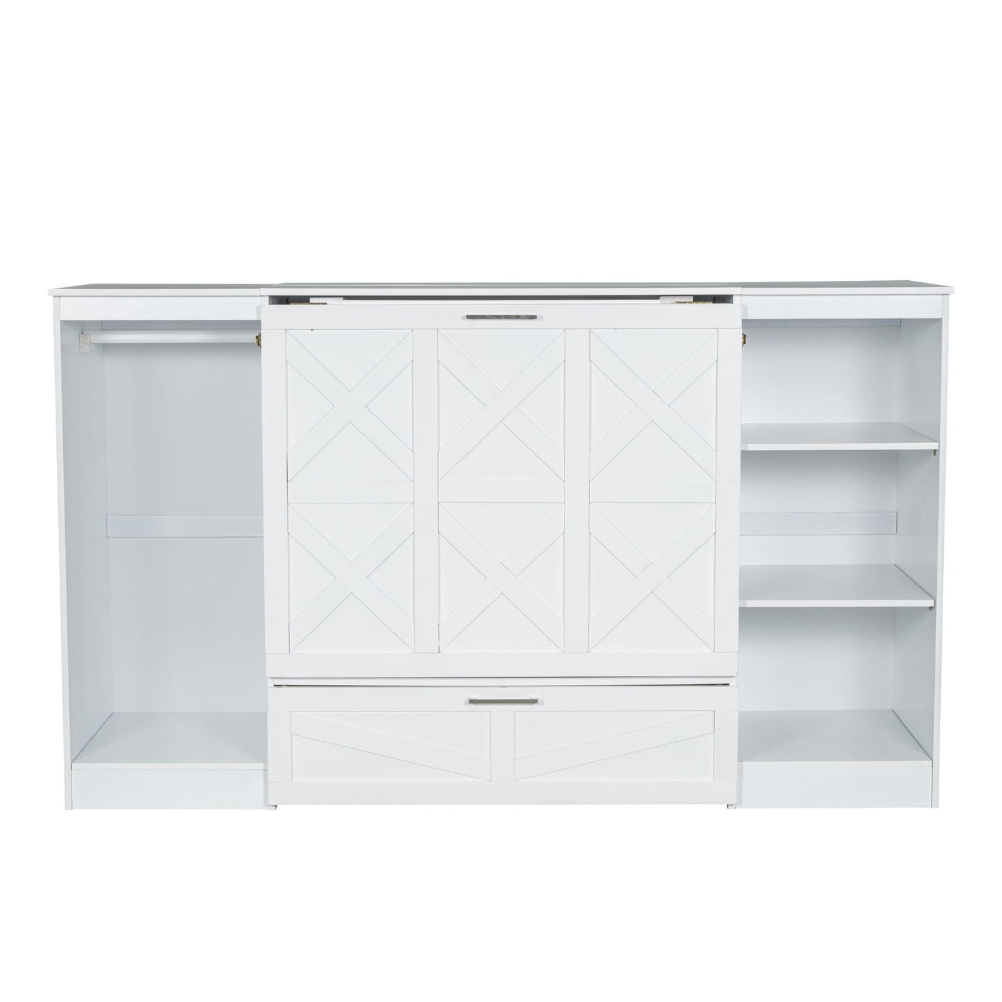 Twin Size Murphy Bed with Bedside Shelves and Wardrobe, White