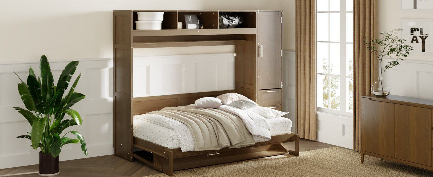 Full Size Murphy Bed with Wardrobe, Drawers and Open Shelves, Antique Wood