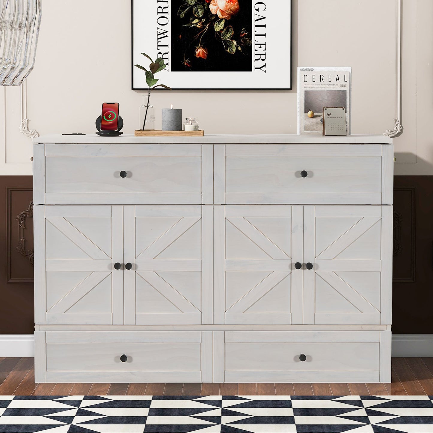 Queen Size Murphy Bed with Large Drawers & USB Ports