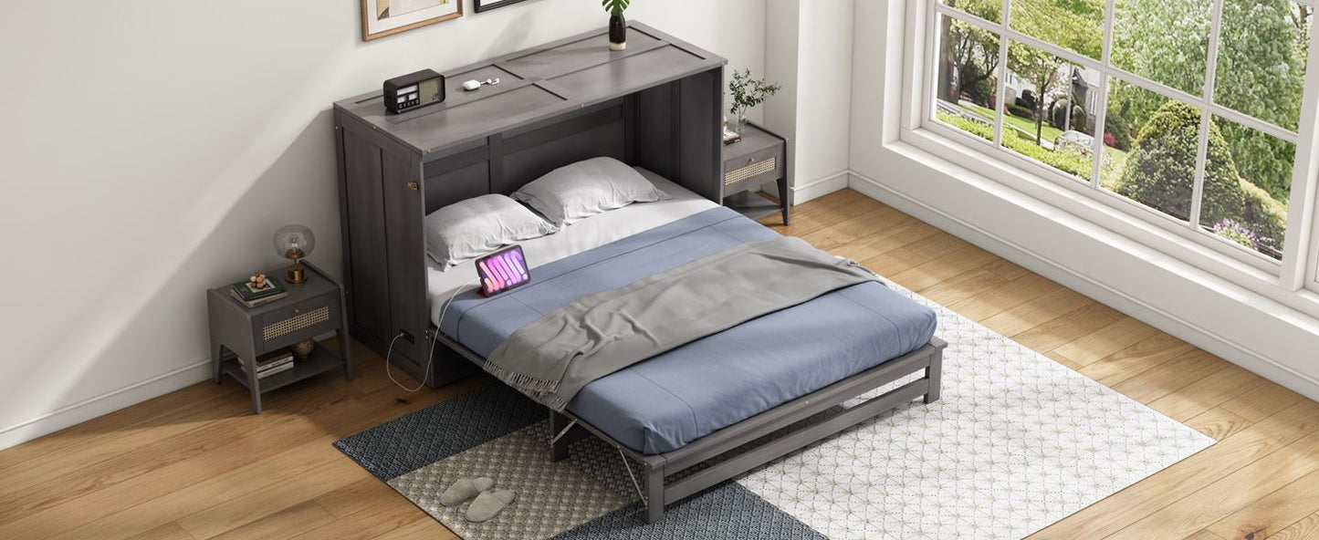 Queen Size Murphy Bed with Built-In Charging Station, Antique Grey
