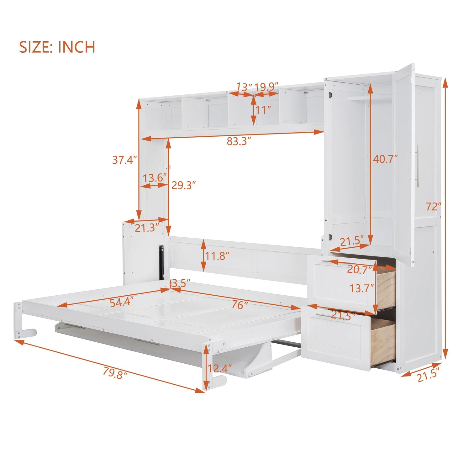 Full Size Murphy Bed Wall Bed with Closet and Drawers,White