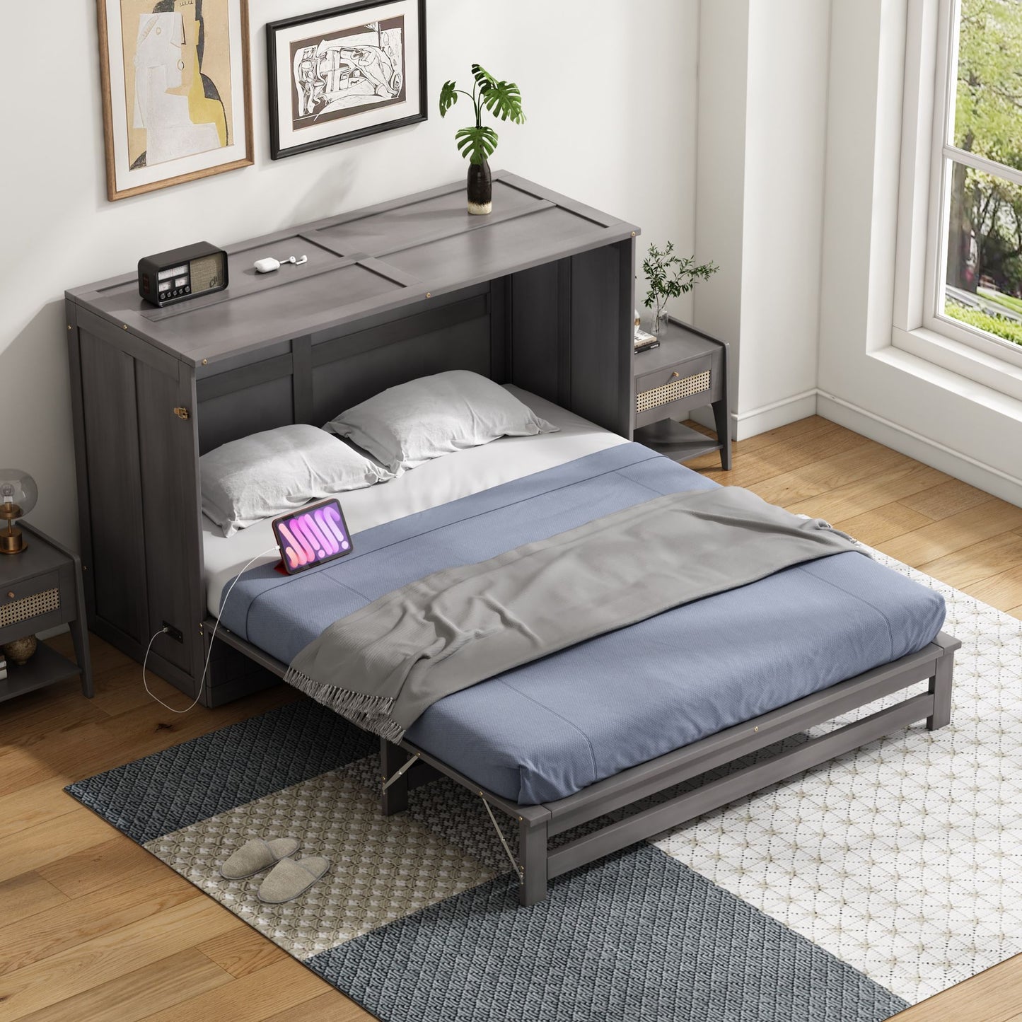 Queen Size Murphy Bed with Built-In Charging Station, Antique Grey