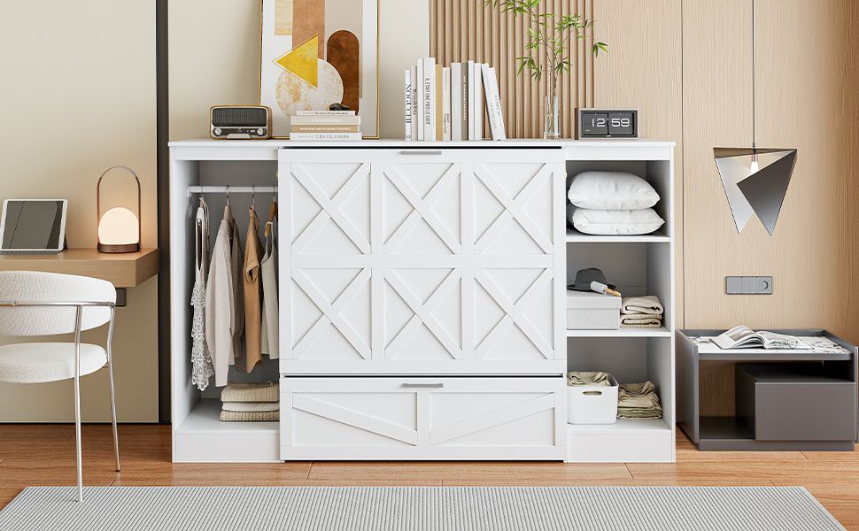 Twin Size Murphy Bed with Bedside Shelves and Wardrobe, White