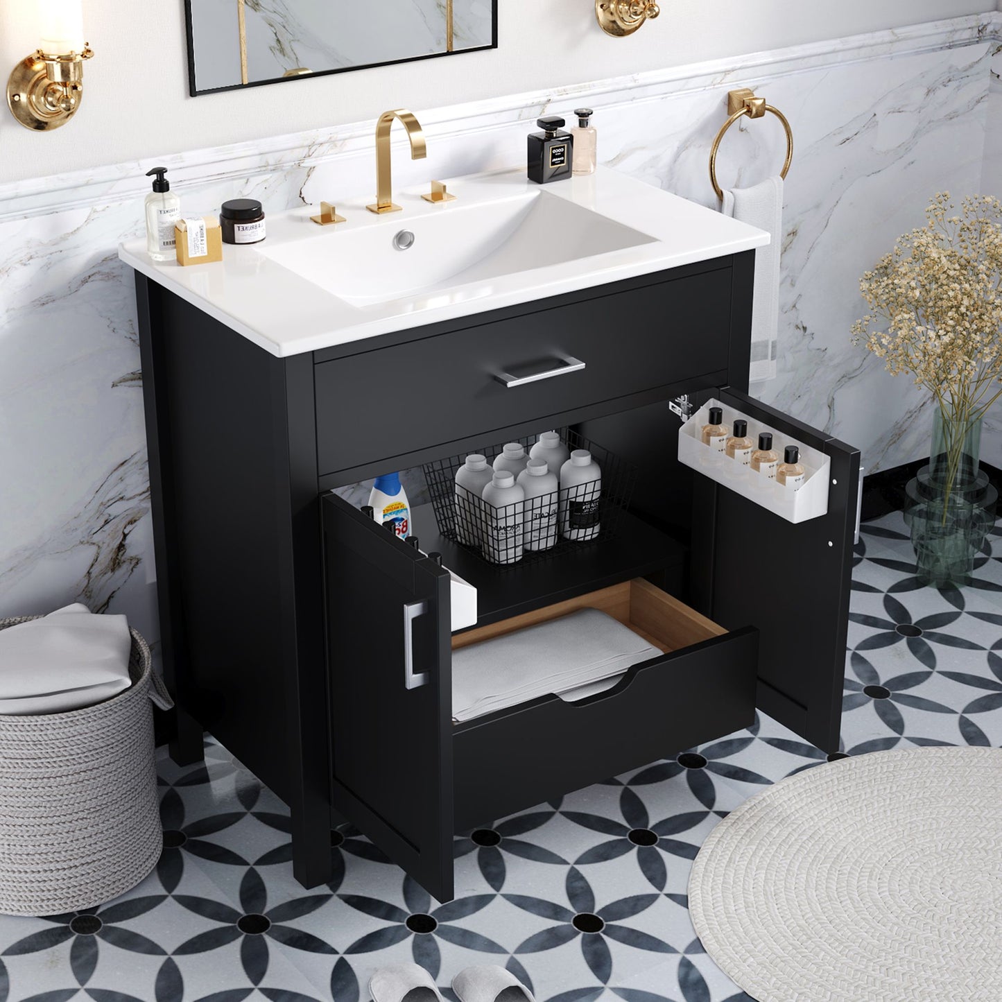 30-Inch Bathroom Vanity with Ceramic Sink and Ample Storage, Black