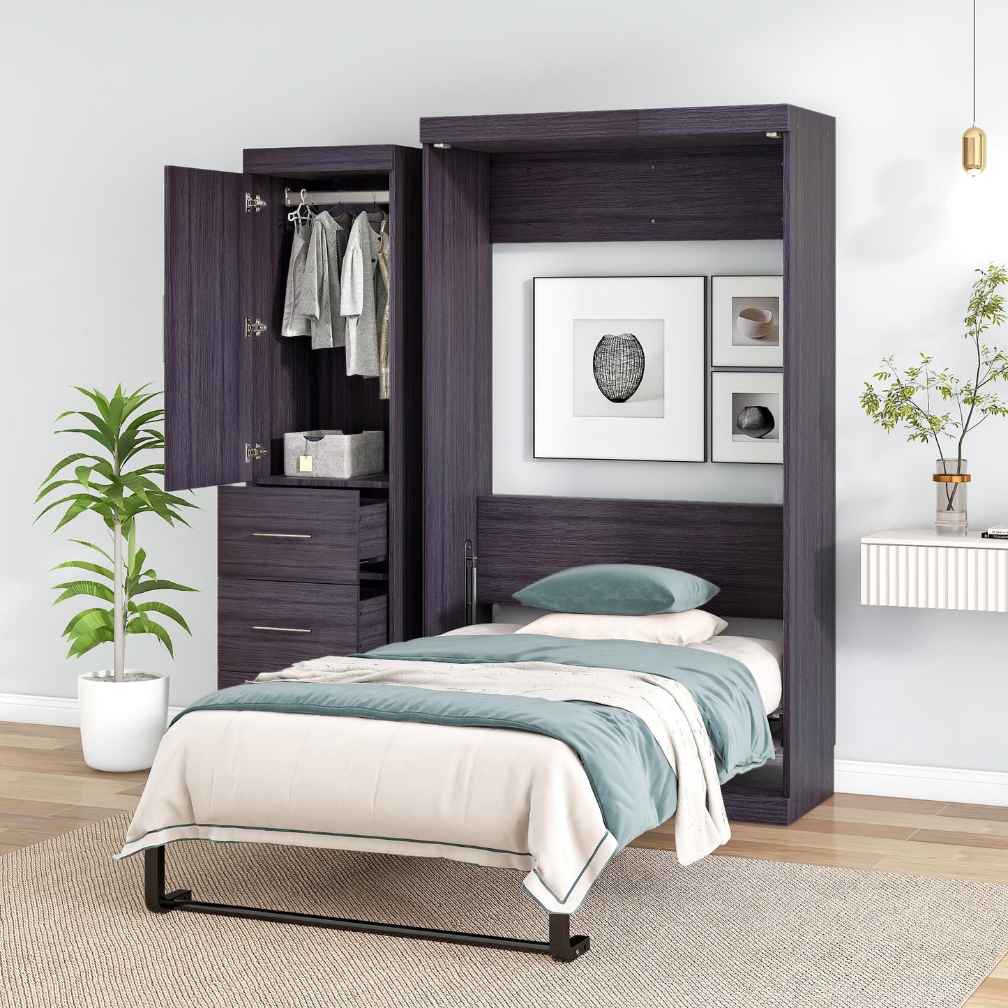 Twin Size Murphy Bed with Wardrobe and Drawers