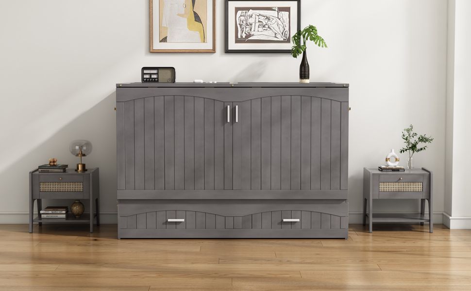 Queen Size Murphy Bed with Built-In Charging Station, Antique Grey
