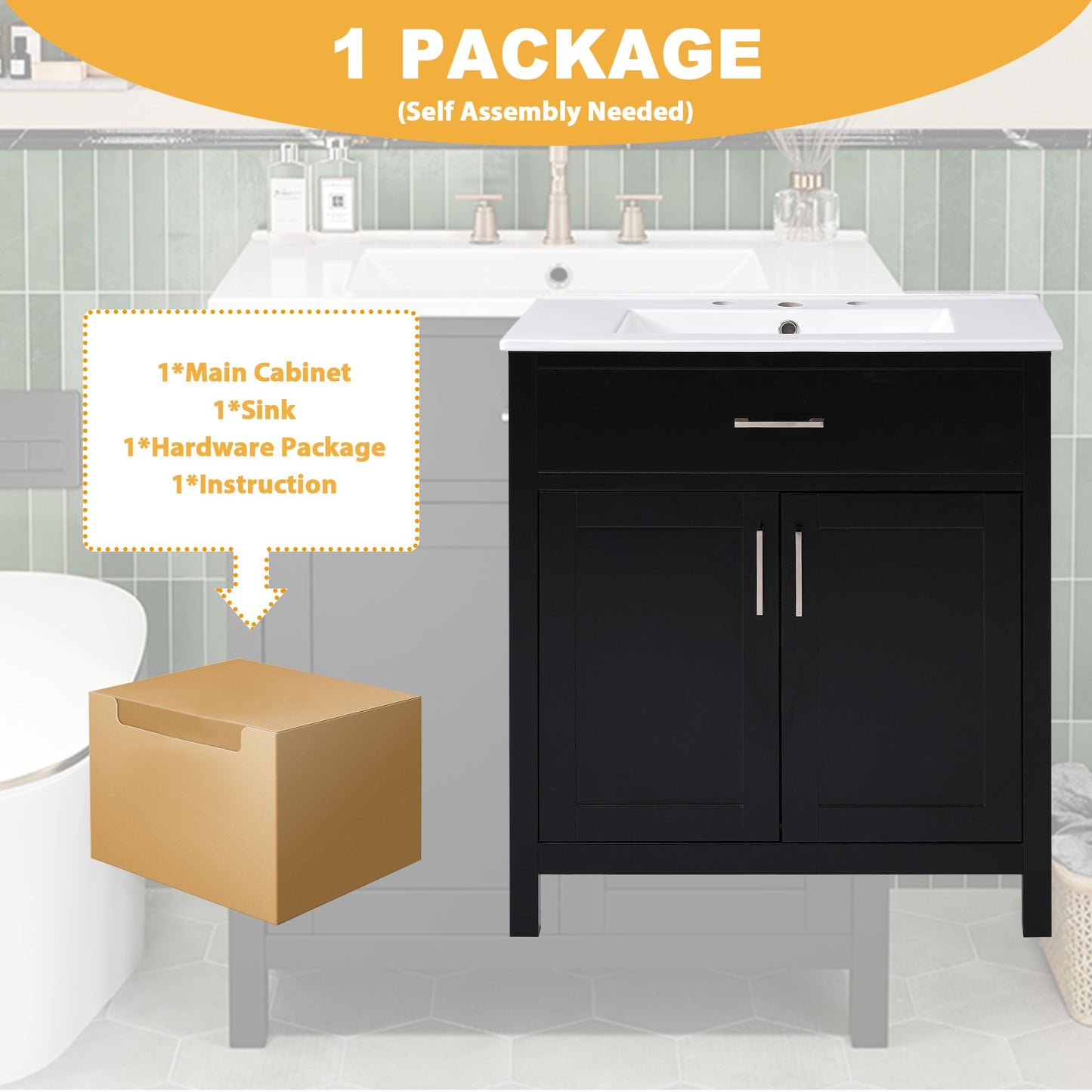 30-Inch Bathroom Vanity with Ceramic Sink and Ample Storage, Black