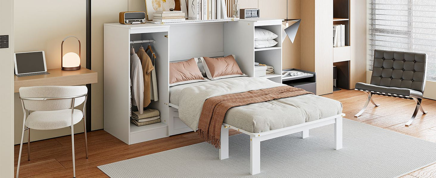 Twin Size Murphy Bed with Bedside Shelves and Wardrobe, White