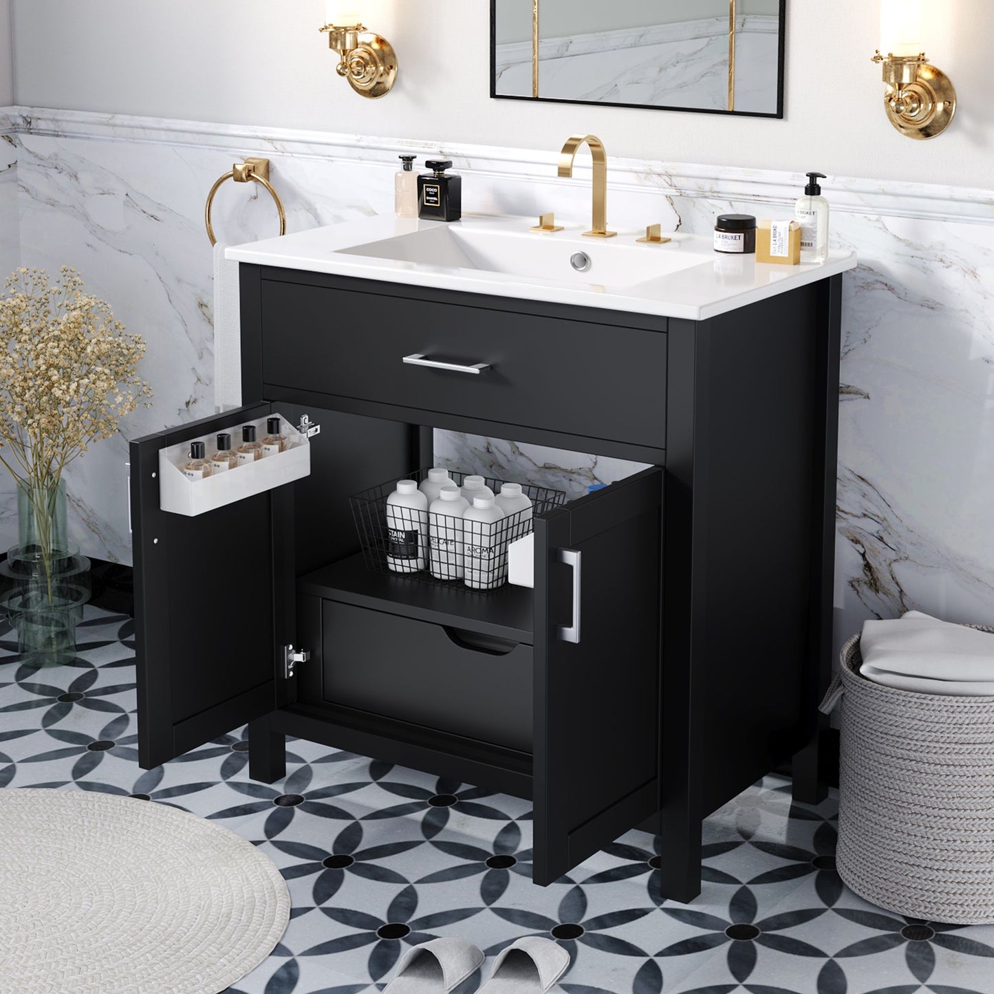 30-Inch Bathroom Vanity with Ceramic Sink and Ample Storage, Black