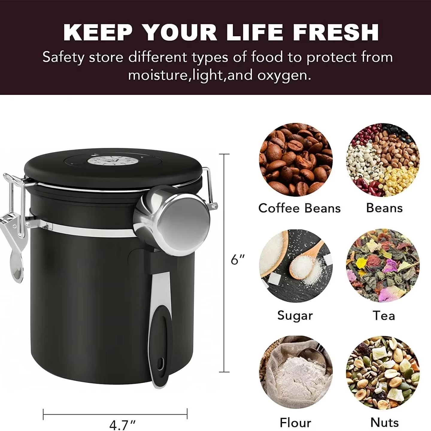 1800Ml Coffee Canister Airtight 22Oz Coffee Container Stainless Steel Coffee Bean Storage Container with Scoop for Beans Black