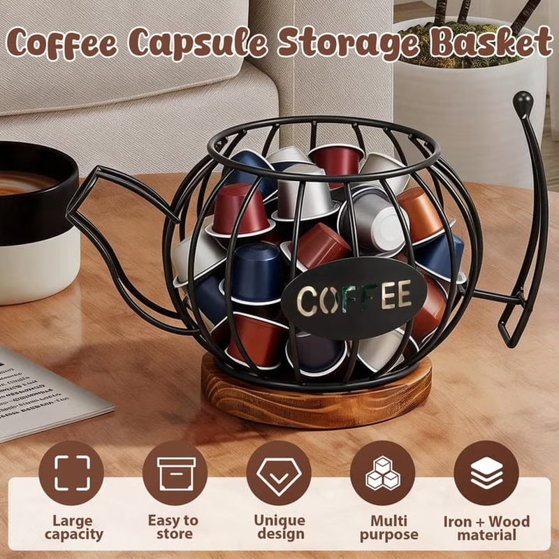 Coffee Pod Holder Organizer, Teapot Coffee Capsule Holder, K Cup Holder with Wooden Base, Wire Coffee Storage Basket, Cafe Bar Accessories