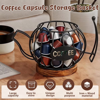 Coffee Pod Holder Organizer, Teapot Coffee Capsule Holder, K Cup Holder with Wooden Base, Wire Coffee Storage Basket, Cafe Bar Accessories