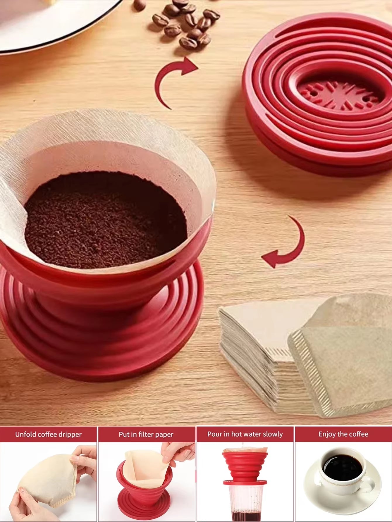 Collapsible Coffee Filter Rubber Coffee Maker Reusable Portable Camping Coffee Dripper for Hiking, Camping, Home, Office