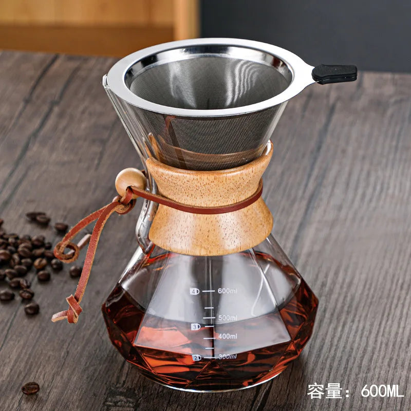 Diamond-Shaped Hand Brewed Coffee Pot Sharing Pot Drip Pot Coffee Filter Cup Glass Coffee Percolator
