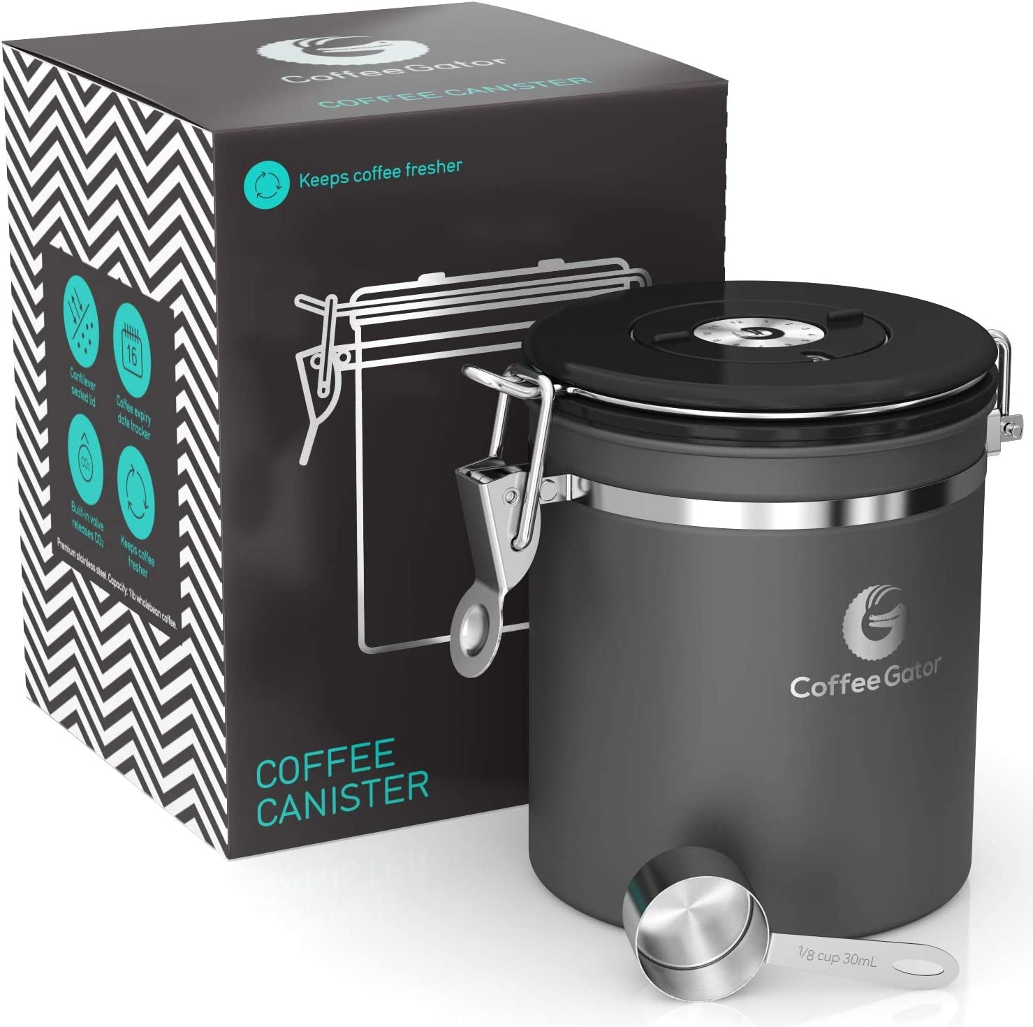 Coffee Canister Airtight, 16Oz Stainless Steel and 4Oz Borosilicate Glass Travel Kitchen Food Storage Container with Date Tracker, Scoop for Beans, Ground, Sugar, Tea, Cookies Jars