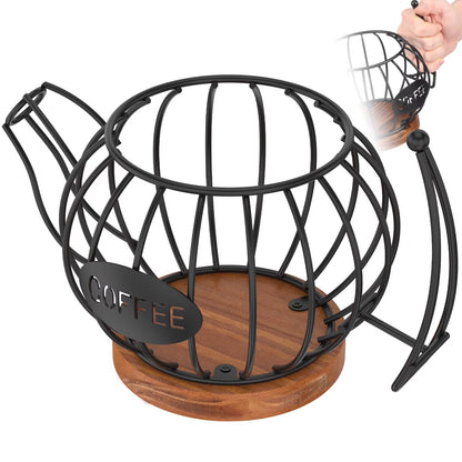 Coffee Pod Holder Organizer, Teapot Coffee Capsule Holder, K Cup Holder with Wooden Base, Wire Coffee Storage Basket, Cafe Bar Accessories