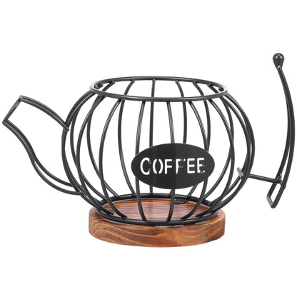 Coffee Pod Holder Organizer, Teapot Coffee Capsule Holder, K Cup Holder with Wooden Base, Wire Coffee Storage Basket, Cafe Bar Accessories