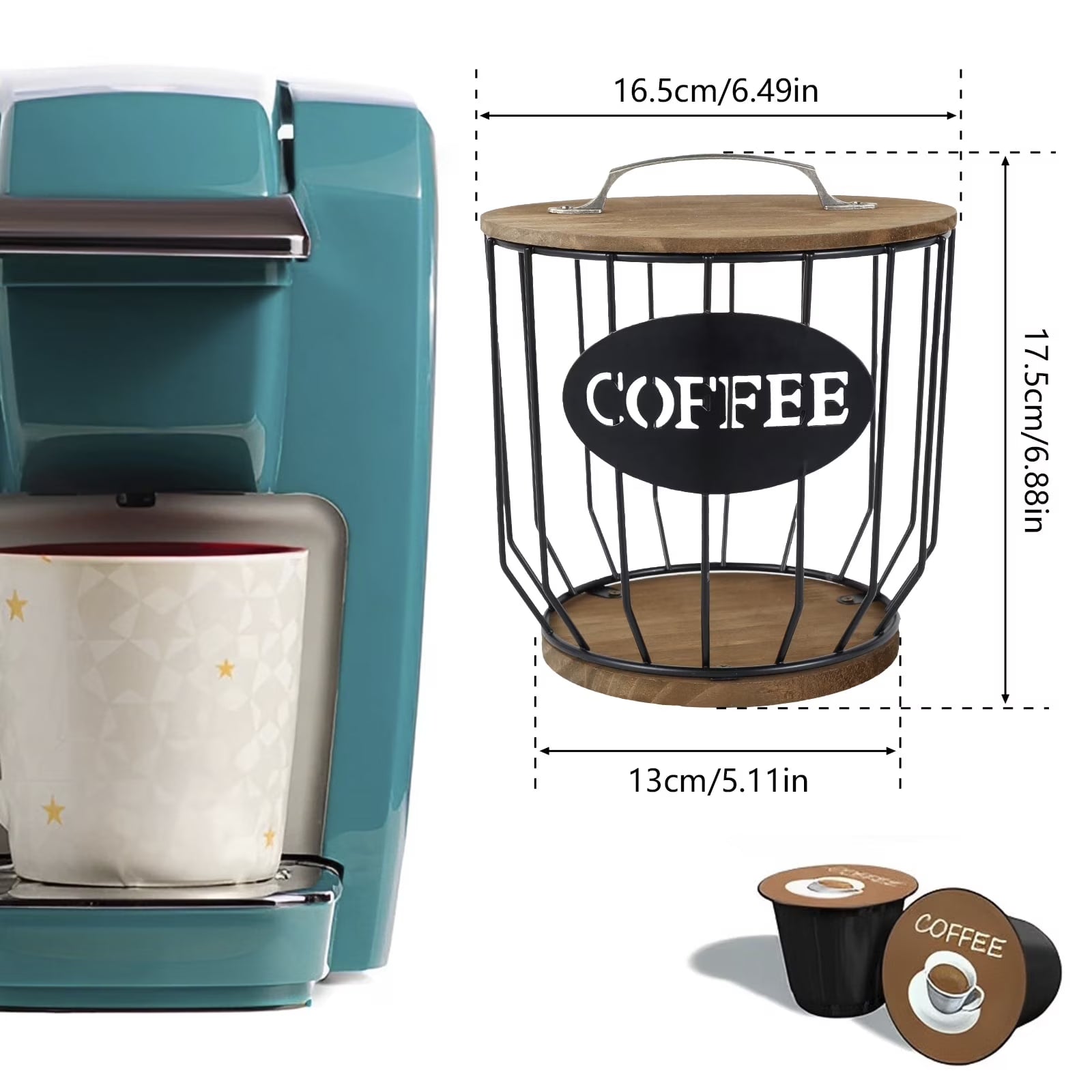 K Cup Holder Coffee Pod Holder Large Capacity Black Wire Coffee Pod Storage Organizer with Wooden Base Coffee Bar Accessories for Counter