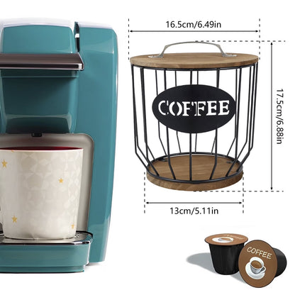 K Cup Holder Coffee Pod Holder Large Capacity Black Wire Coffee Pod Storage Organizer with Wooden Base Coffee Bar Accessories for Counter