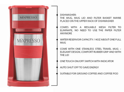Personal Single-Serve Coffee Maker & 14Oz Travel Mug, Drip Small Coffee Maker & Tumbler, Auto Shut off & Reusable Filter, Red Coffee Maker Compatible with Coffee Grounds