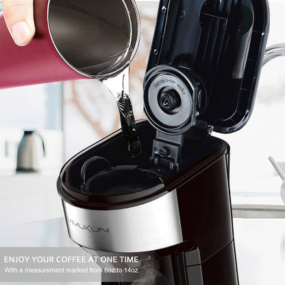 Coffee Maker, Single Serve Coffee Maker Machine 6 to 14 Oz with Permanent Filter, Compatible with K Cup Pod & Ground Coffee, Mini Size Black