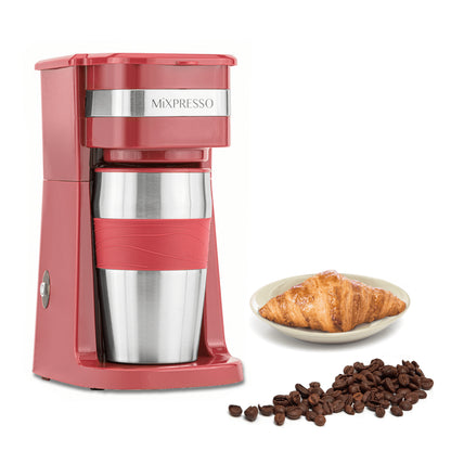 Personal Single-Serve Coffee Maker & 14Oz Travel Mug, Drip Small Coffee Maker & Tumbler, Auto Shut off & Reusable Filter, Red Coffee Maker Compatible with Coffee Grounds