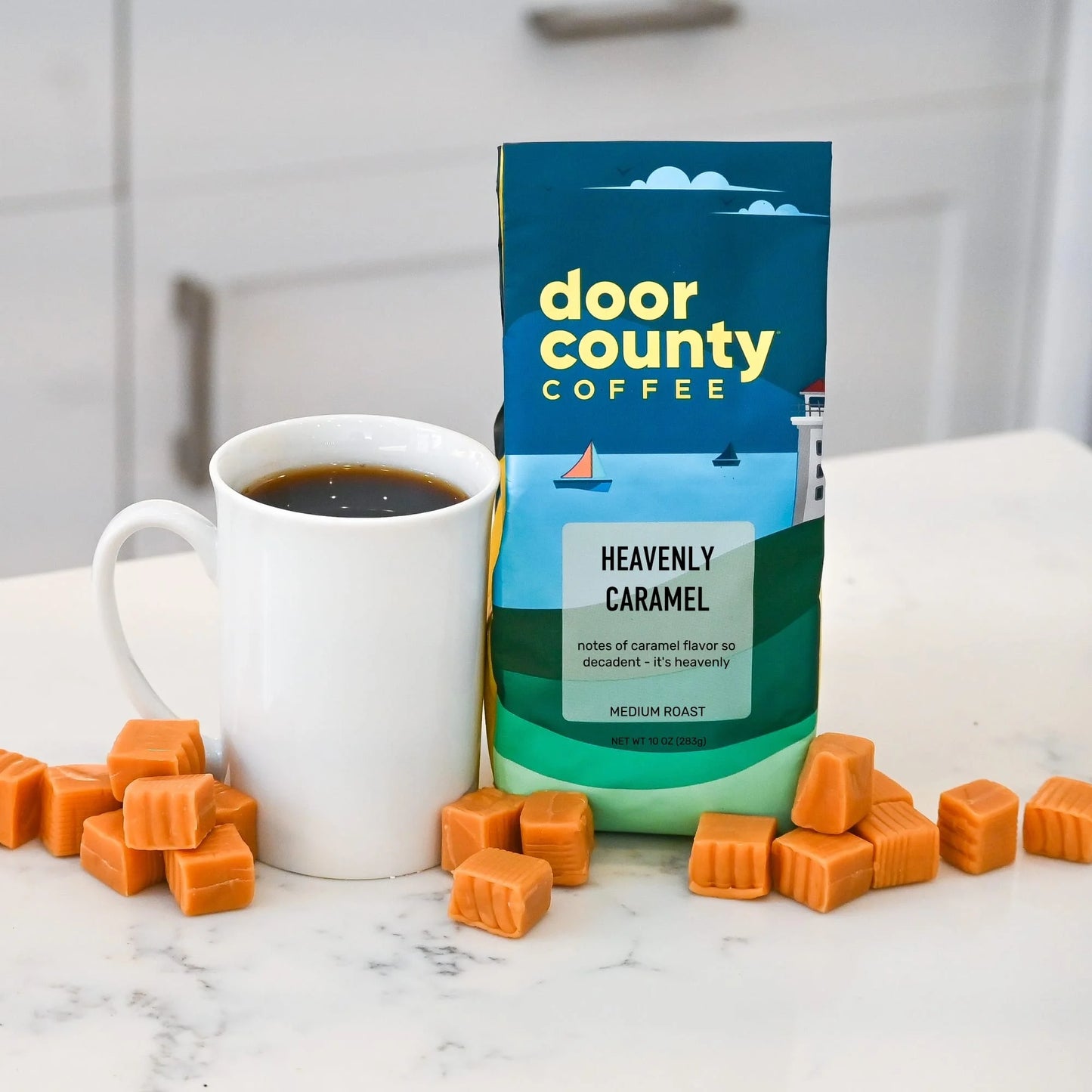 Door County Coffee Heavenly Caramel DECAF, Caramel Flavored Specialty Coffee, Caramel Flavored Coffee, Decaf, Medium Roast, Ground, 10Oz Bag