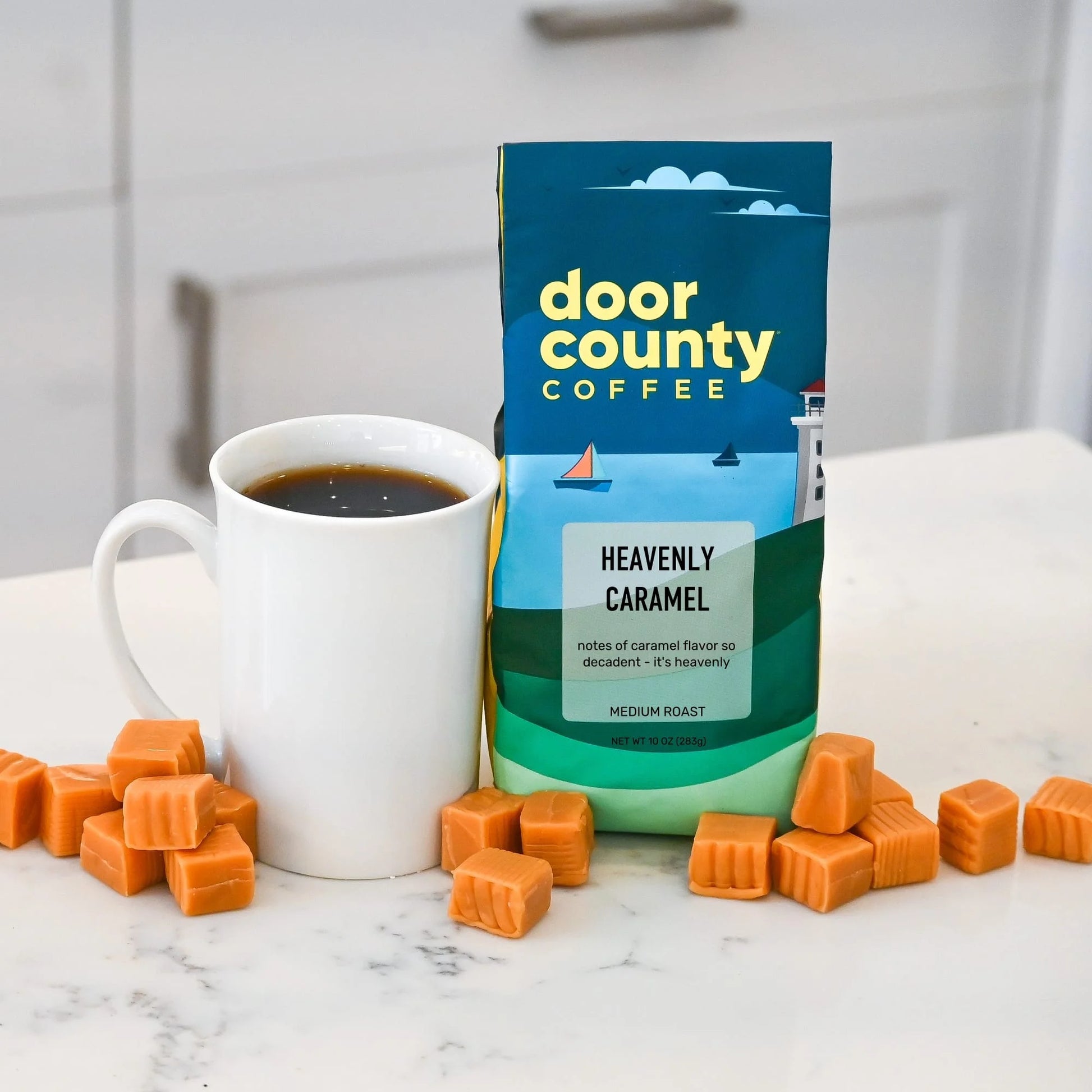 Door County Coffee Heavenly Caramel DECAF, Caramel Flavored Specialty Coffee, Caramel Flavored Coffee, Decaf, Medium Roast, Ground, 10Oz Bag